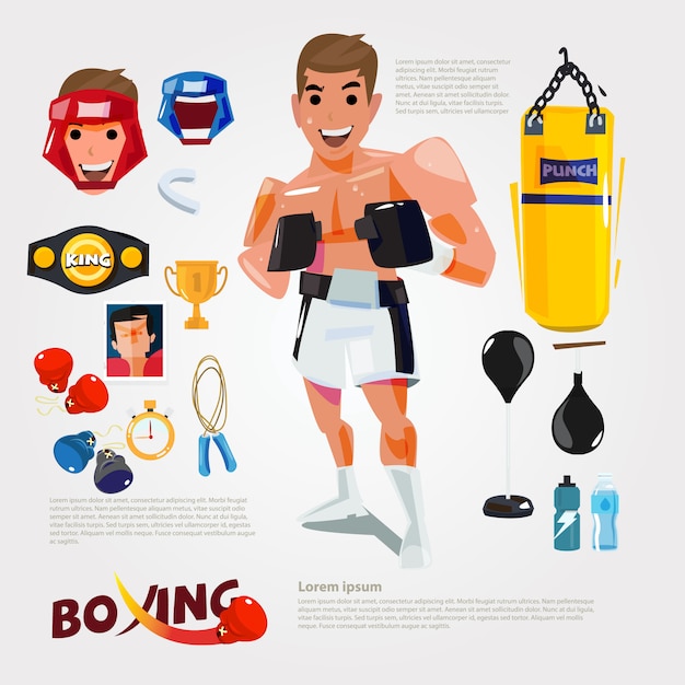 Vector boxing character with gym training equipment