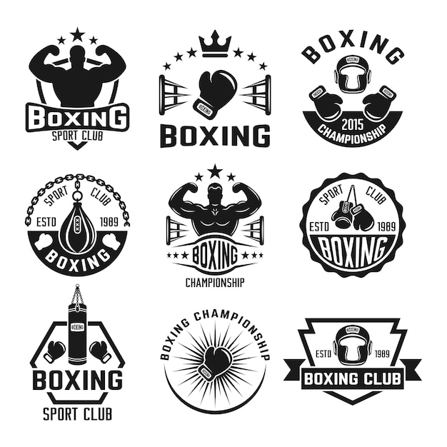 Boxing club set of monochrome labels, badges, emblems and logos isolated on white