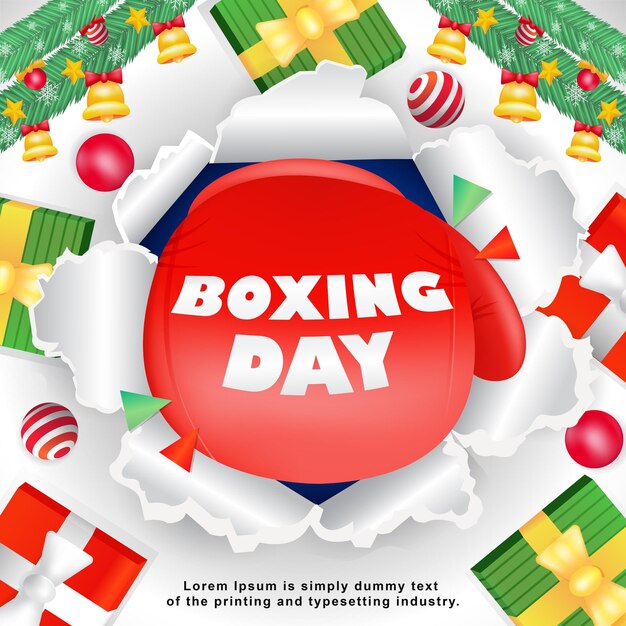 Boxing Day 3d illustration of gifts and boxing gloves hitting paper Suitable for events