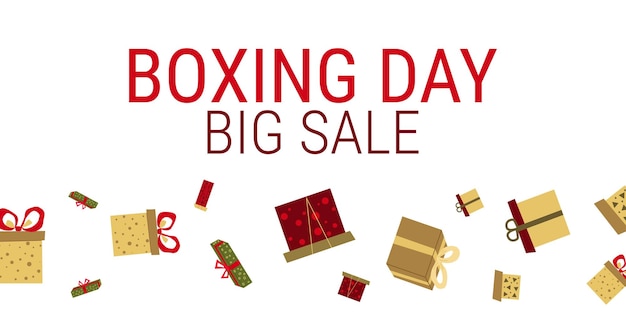 Boxing Day Horizontal banner Color Holiday Boxes Big discount boxes from the bottom Design greeting cards Party Christmas birthday Vector illustration
