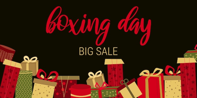 Boxing Day Horizontal banner Color Holiday Boxes Gifts on a dark background Design greeting cards Party Christmas birthday Vector illustration