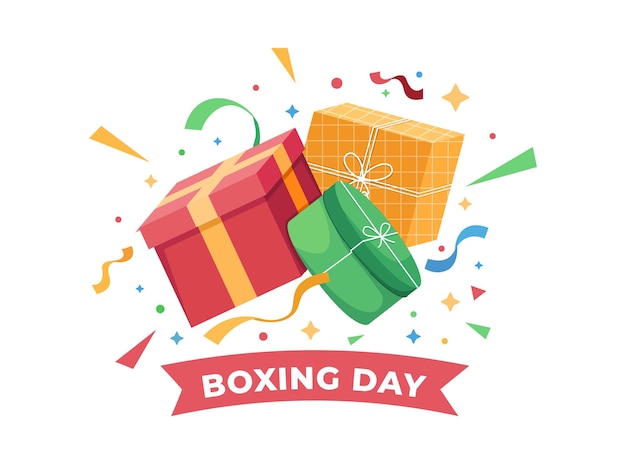 Boxing Day Illustration with colorful gift box and confetti. Happy Boxing Day