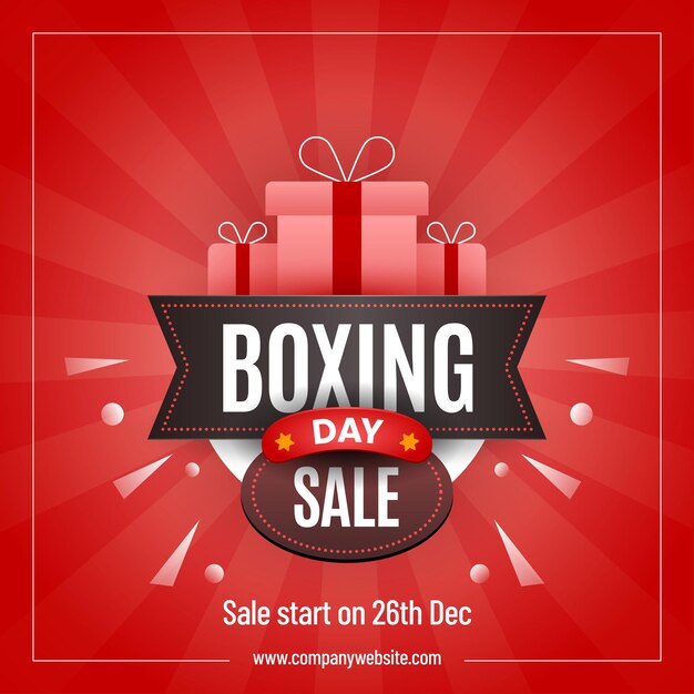 Boxing day sale banner with gift boxes on red background for advertising or social media post design