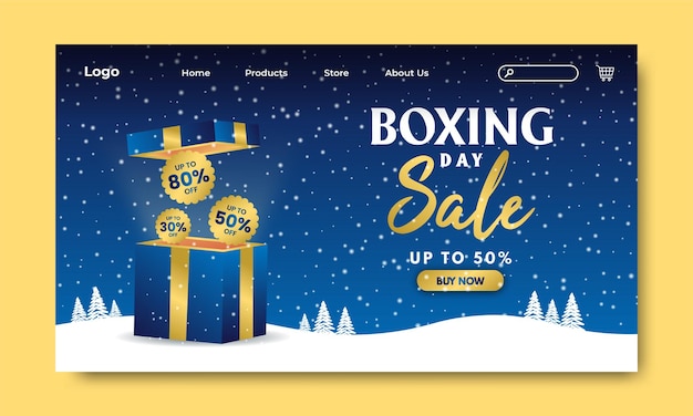 Vector boxing day sale landing page gold blue background snow exclusive box vector