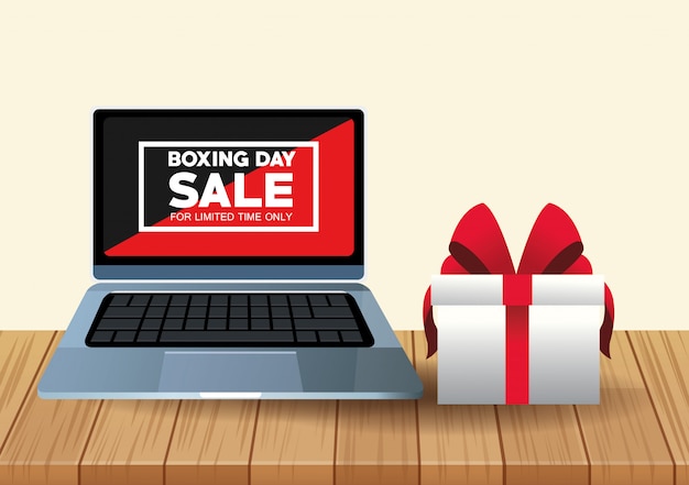 Vector boxing day sale poster with laptop and gift vector illustration design