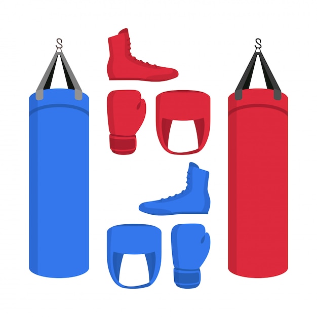 Boxing equipment set of icons. Sport collections of boxer shoes, punching bag, gloves in red and blue.