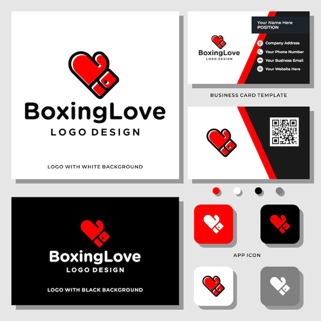 명함 서식 파일이 있는 권투 장갑과 사랑 로고 디자인