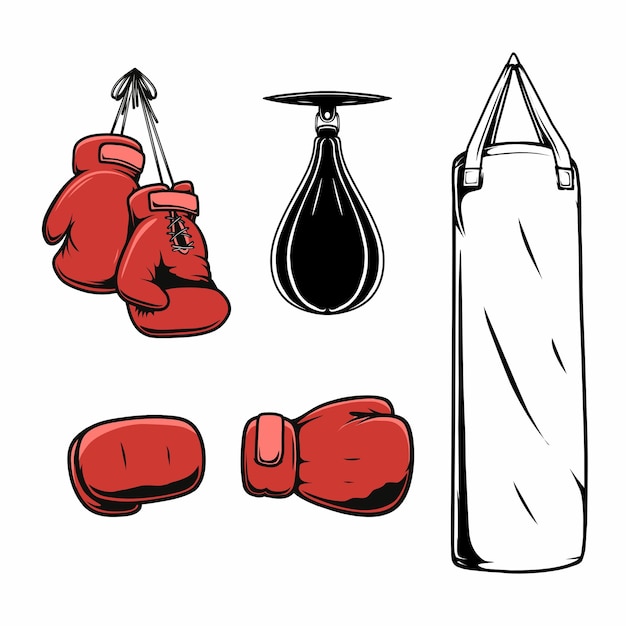 Vector boxing gloves and punching bag design set