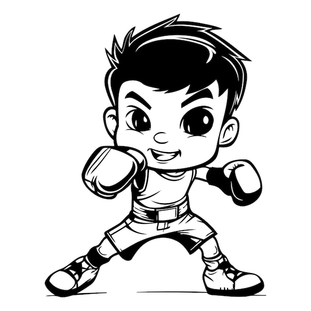 Boxing Kid Black and White Cartoon Mascot Illustration