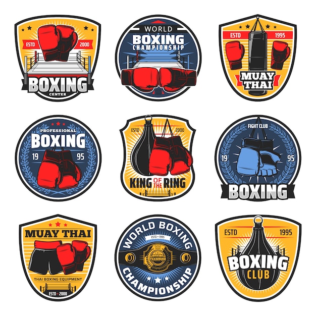 Vector boxing muay thai icons, kickboxing fighter arts