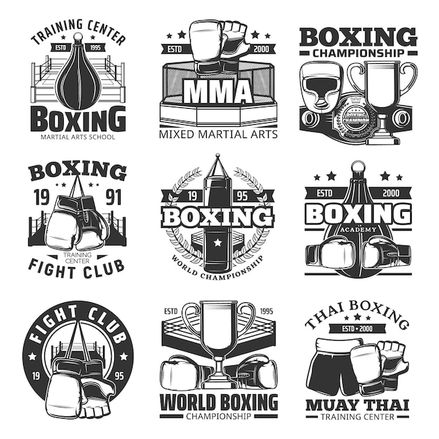 Vector boxing muay thai single combats vector icons set