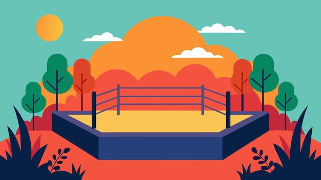 A boxing ring in the middle of a peaceful garden representing the contrast between the chaos of