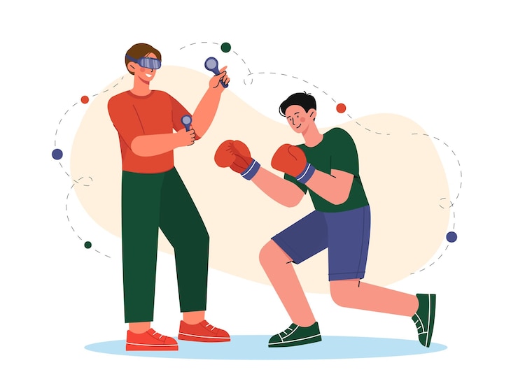 Vector boxing in vr glasses young guy training in virtual reality active lifestyle and sports modern