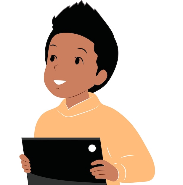 Boy african american schoolboy is engaged on the tablet vector flat illustration