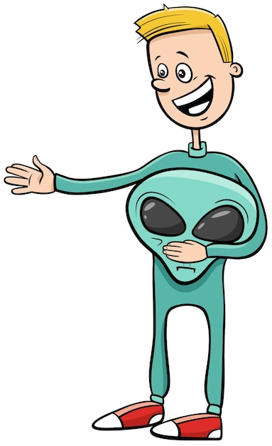 Vector boy in alien costume at halloween party cartoon illustration