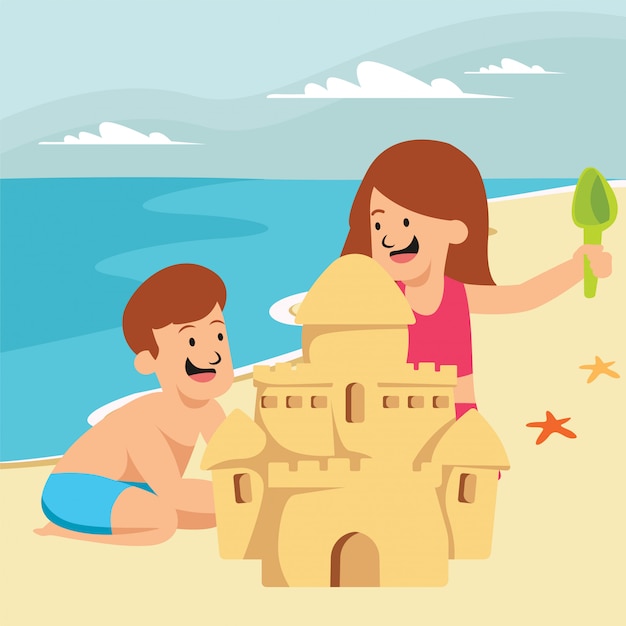 男の子と女の子がビーチで一緒に砂のお城を作っています。