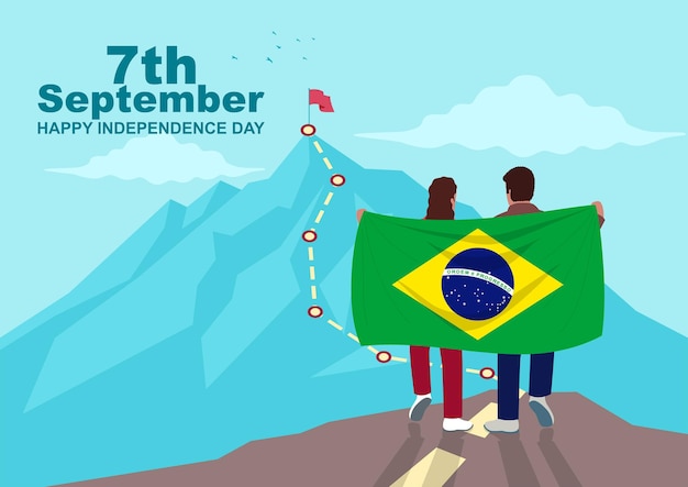 ベクトル 岩の上でブラジル国旗を掲げて山の頂上を見上げている少年と少女