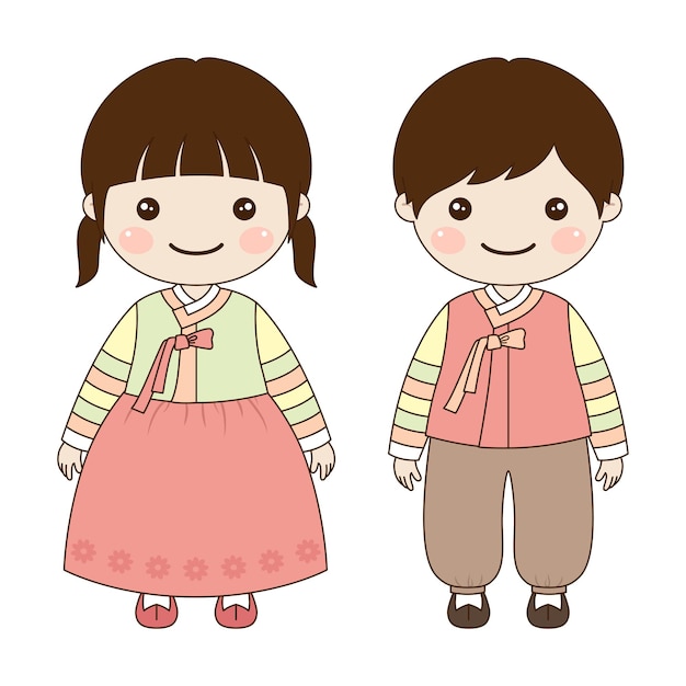 벡터 추석, 설날, 새해의 한국 전통 한복을 입은 소년 소녀 캐릭터.