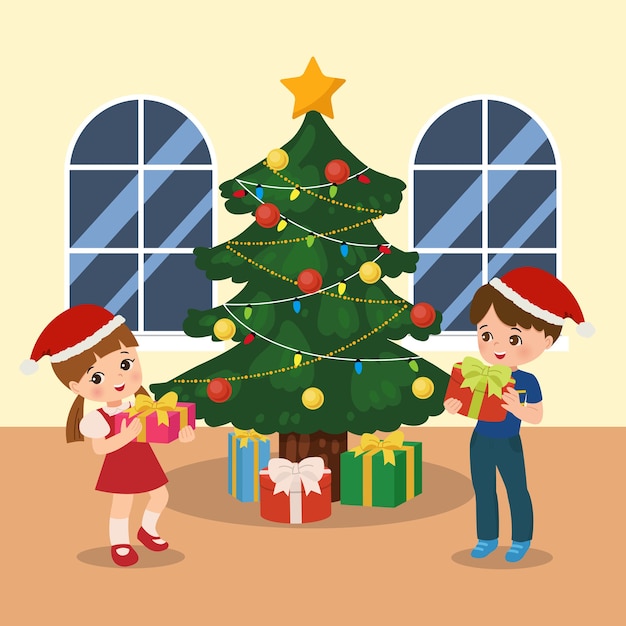 Мальчик и девочка обмениваются подарками. ситуация с рождественской вечеринкой. счастливого рождества. детские картинки. подарки под елку. плоский мультяшный вектор.