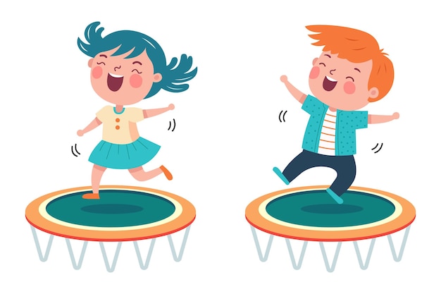 Вектор Мальчик и девочка прыгают на батуте в парке развлечений, плоская векторная иллюстрация