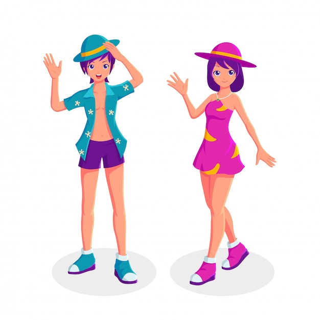 Мальчик и девочка готовы пойти на пляж летних каникул мультипликационный персонаж