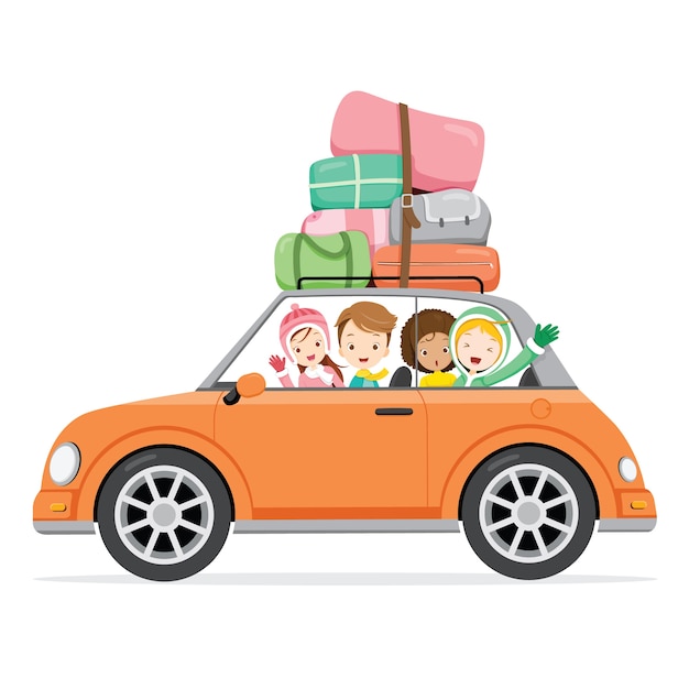 Вектор Мальчик и девочки за рулем автомобиля с багажом на крыше автомобиля для путешествия