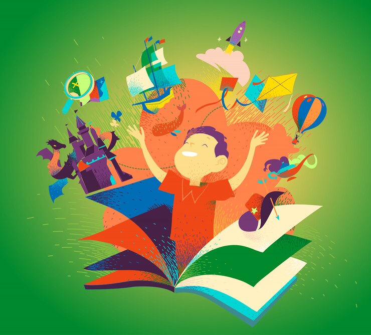 Vector boy appearing from a book. concept of reading books being an adventure. kids imagination, tales, stories, discovery. children literature colorful bookcover. 