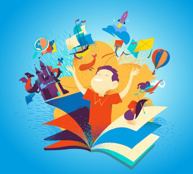 Vector boy appearing from a book. concept of reading books being an adventure. kids imagination, tales, stories, discovery. children literature colorful bookcover.