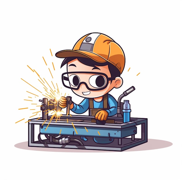 Мальчик работает механиком по сварке на фабрике.