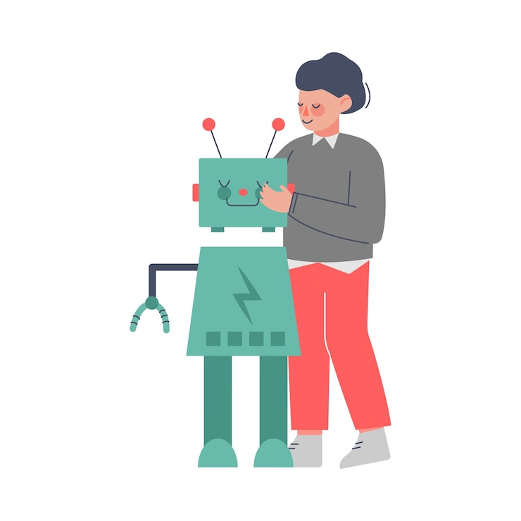 Vector boy assembling robot young engineer character working on future technology educational project cartoon style vector illustration