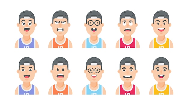 Boy avatar and male cartoon face with different facial expressions