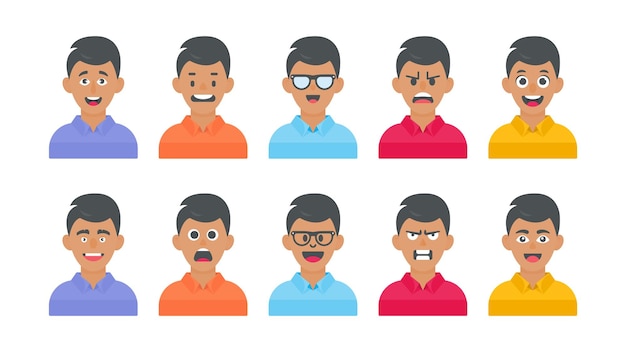 Boy avatar and male cartoon face with different facial expressions