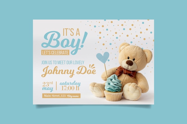 Vettore boy baby shower invito con orso