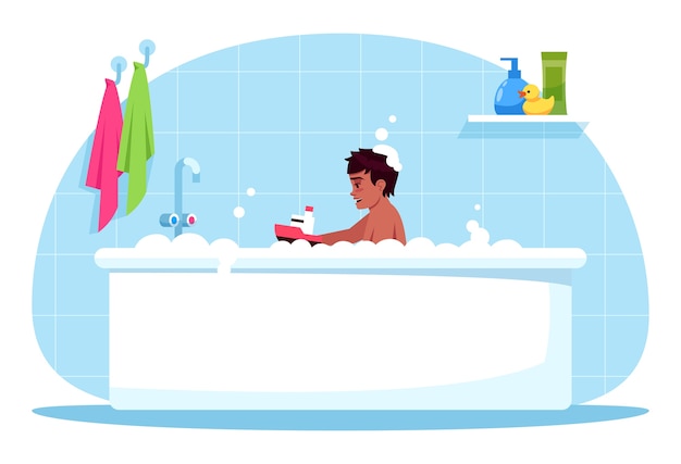 ベクトル 男の子のバスタイムセミrgbカラーイラスト。プラスチックのおもちゃで遊ぶ赤ちゃん。子供のための泡風呂。バスルームの時間。青色の背景にバスタブの漫画のキャラクターの男性の幼児