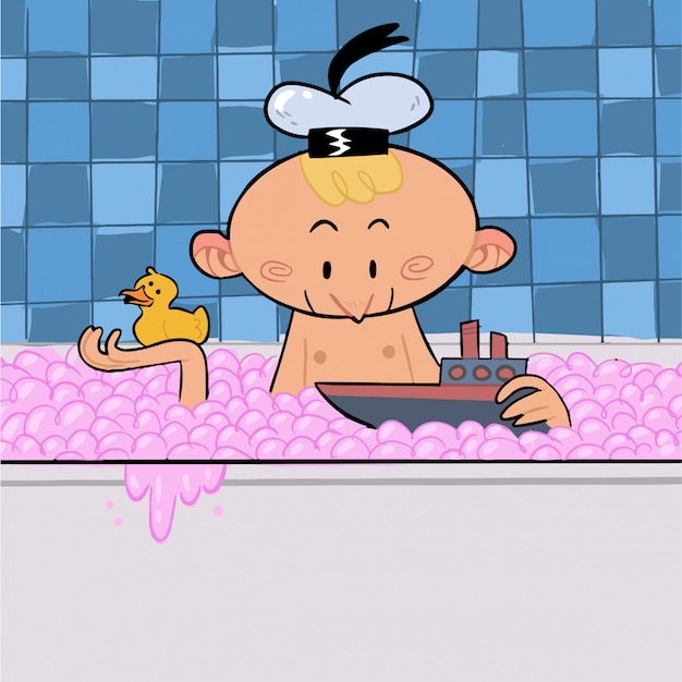 Vettore ragazzo nella vasca da bagno che gioca per essere marinaio