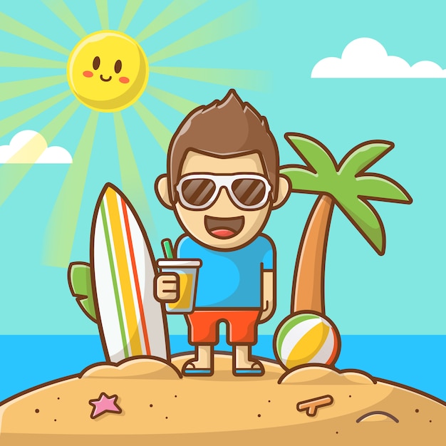 Boy on Beach In Summer day  Illustration