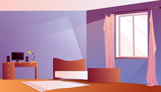 Boy bedroom Room interior with computer table and uncovered bed Furniture cartoon vector illustration Cleaning in child room