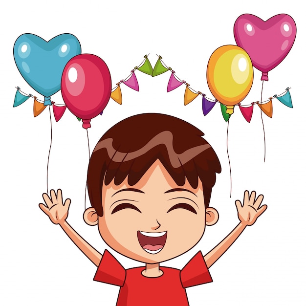 Boy on birthday with balloons and pennants 