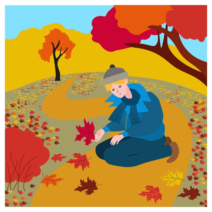वेक्टर a boy in a blue jacket collects fallen maple leaves on the ground. vector