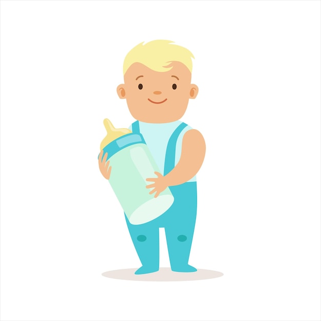 Ragazzo in pantaloni blu in piedi con bottiglia di latte adorabile bambino sorridente personaggio dei cartoni animati ogni giorno situazione