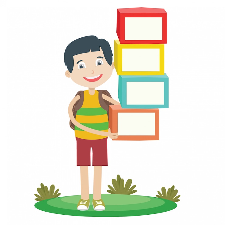 Vector boy and boxes on white background