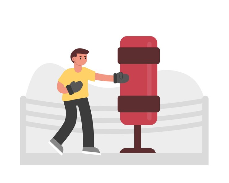 Vector boy in boxing gloves practicing punches competitions and victory concept