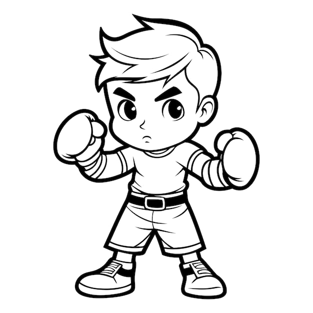 Boy Boxing Zwart-wit cartoon illustratie van een Kid Boxing personage