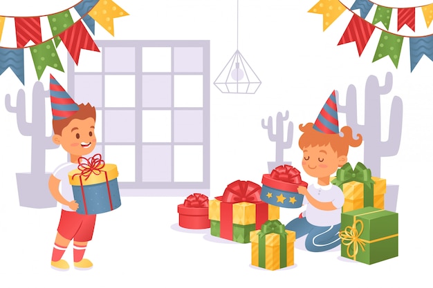 Il ragazzo ha portato il contenitore di regalo alla ragazza nell'illustrazione festiva del cappuccio. la ragazza di compleanno considera regali, bellissime scatole con fiocchi.