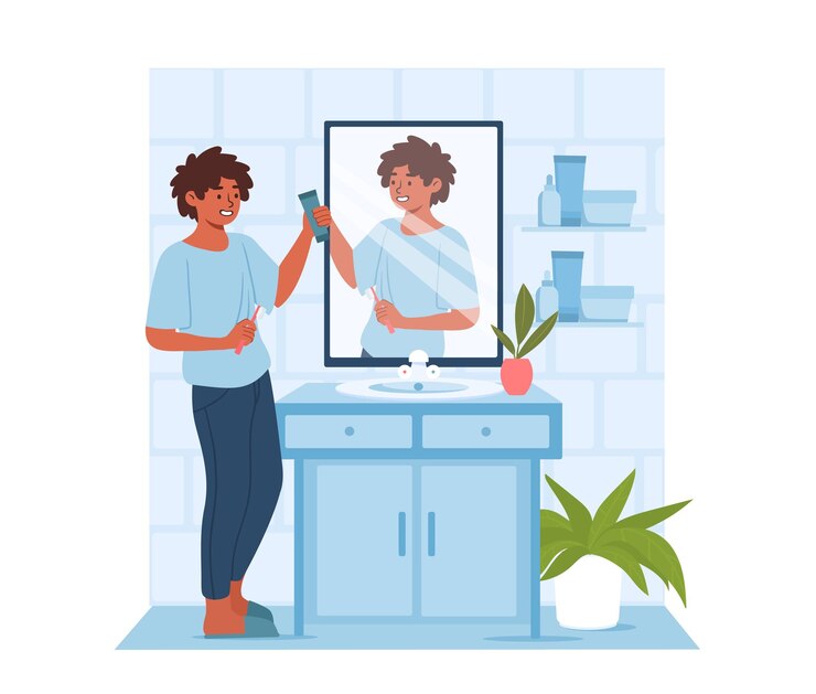 Vector boy brush teeth concept little guy with teethpaste and teethbrush near mirror with reflection cleanliness and hygiene routine character with healthy lifestyle cartoon flat vector illustration