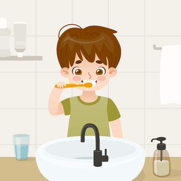 A boy brushes teeth in the bathroom cartoon kid with toothbrush in front of the sink