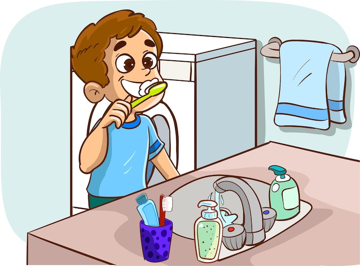 Vector a boy brushing his teeth in front of a mirror.