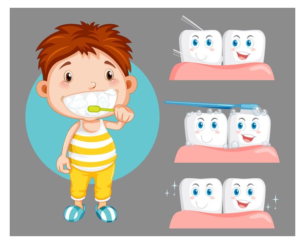 boy brushing teeth with the teeth with gum vector illustration