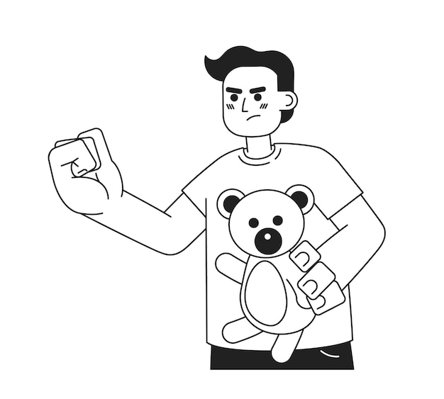 Boy bully threatening with fist monochromatic flat vector character Angry boy holding stuffed toy bear Editable thin line person on white Simple bw cartoon spot image for web graphic design