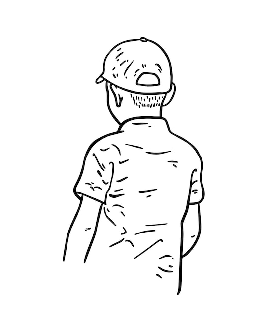 Vector boy in cap with short hair doodle linear cartoon coloring book